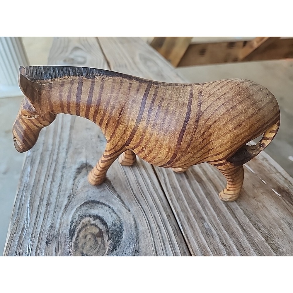 Vintage Hand Carved and Painted Wooden Brown Zebra Sculpture